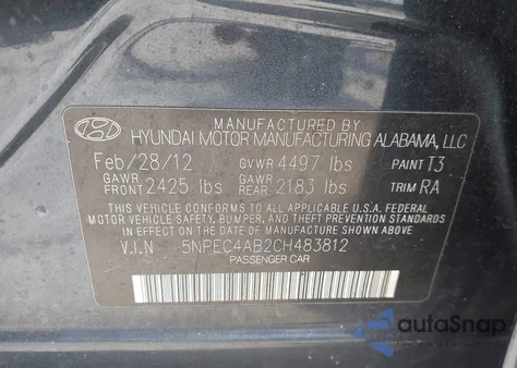 2012 Hyundai Sonata Se 2.0T из США, поврежденный, VIN 5NPEC4AB2CH483812